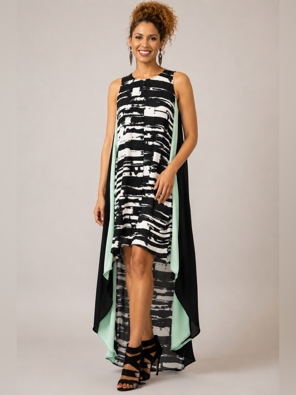 BCBGMAXAZRIA Black White Abstract Stripe Overlay Midi Dress Cape Overlay Size M